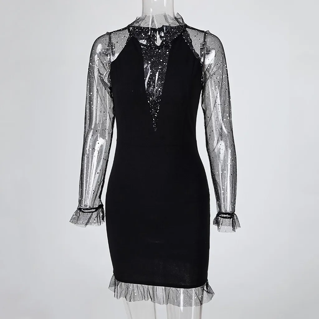 Dress Women O-neck Long Sleeve Sheer Bling Mesh Casual Party Work Mini Sexy Ropa Mujer Vestidos Платье Женское | Женская