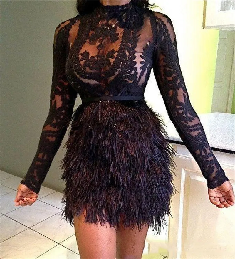 

Sexy Black Lace Cocktail Party Dresses With Feathers Sheer Neck Long Sleeve Plus Size Occasion Wears Vestido