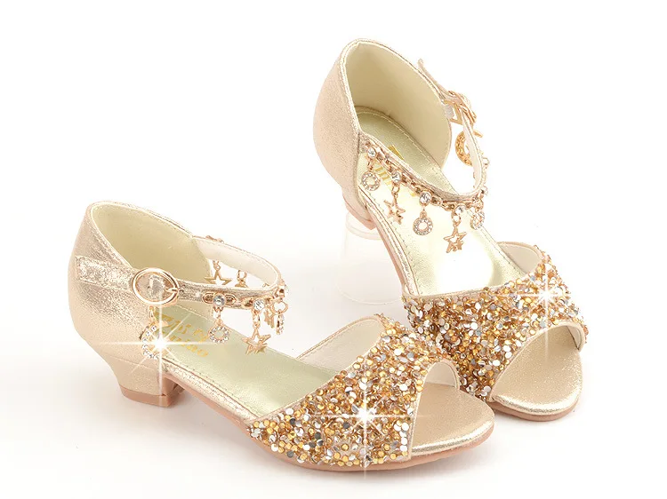 

2021 Summer New Girls High Heels Students Middle School Children Fish Mouth Sandals Silver Girls Performance Princess Shoes