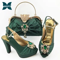dark green women matching shoes and bag set office lady shoes and bag mature style shoes for party with shinng crystal