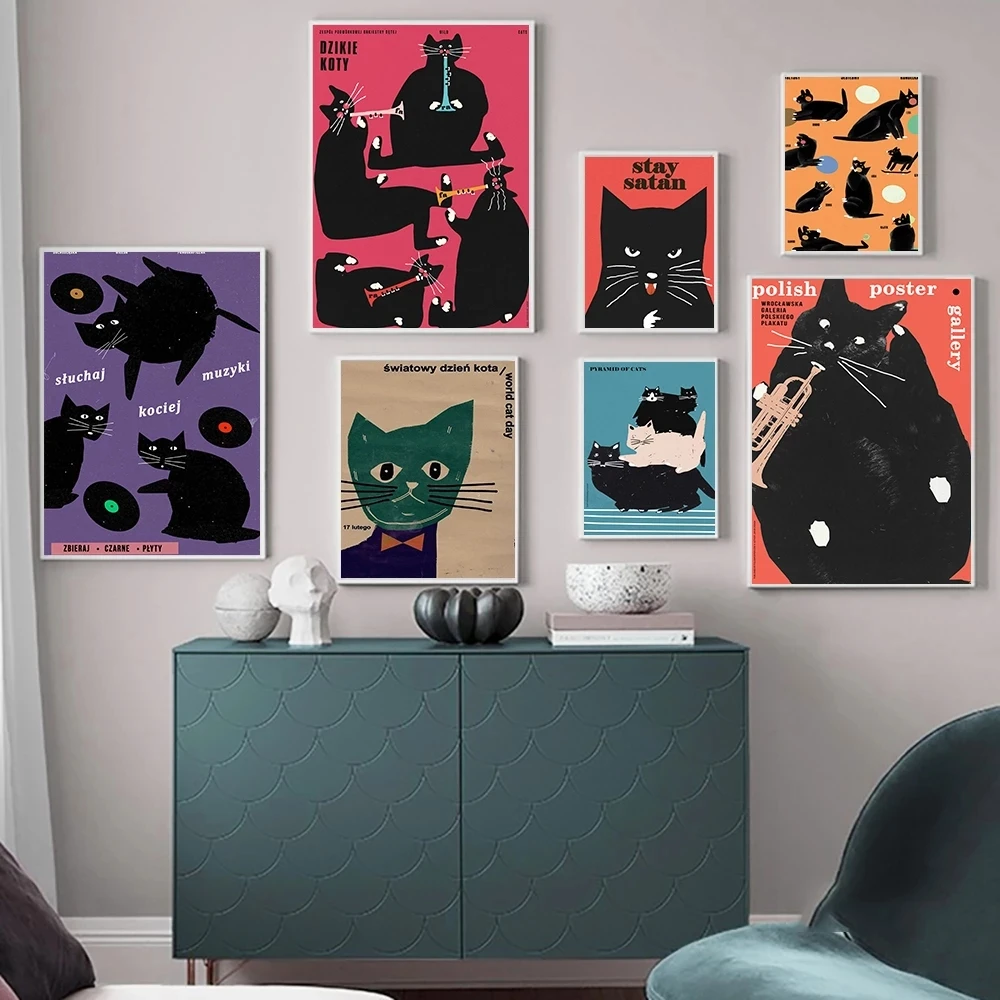 

Настенная Картина на холсте с изображением черной кошки, современные Забавные музыкальные постеры и принты, винтажный принт с животными, картина в туалете для ванной комнаты, домашний декор