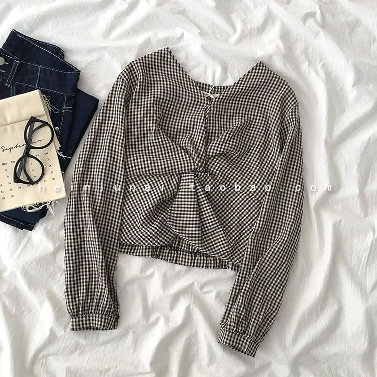 Женская винтажная Блузка в клетку модная одежда Корейском стиле новинка на весну