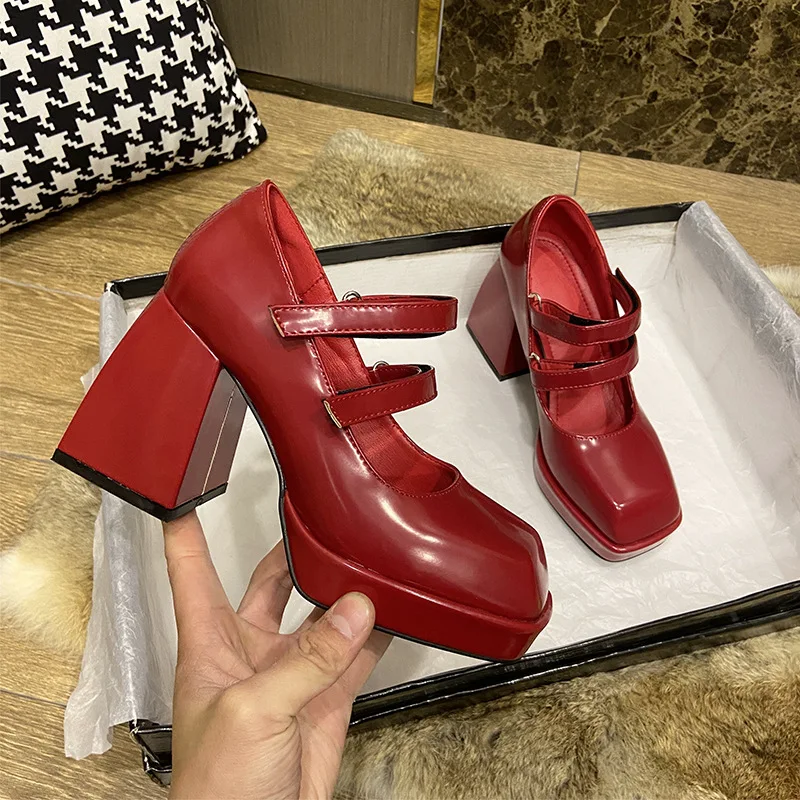 

2021 Women Pumps High Heels Square Toe Chunky Heel Buckle Black White Mary Janes Street Shoes Platform Retro Plush