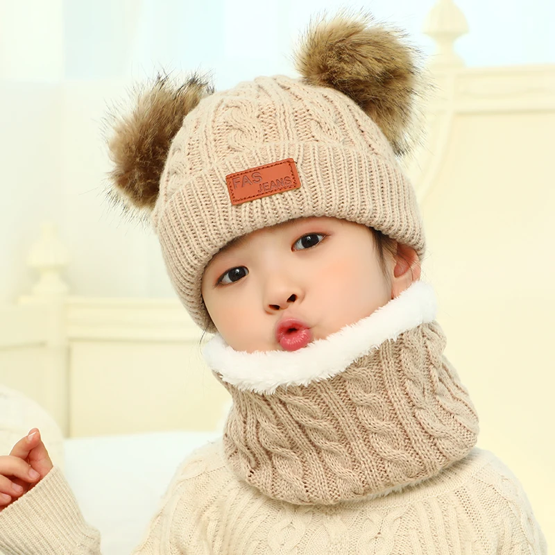 

Children's Winter Hats Scarf Set Velvet Warm 2-Piece Boy/Girl Beanie Pompom Caps Ring Bib Cotton Small Leather Label Fluffy Hat