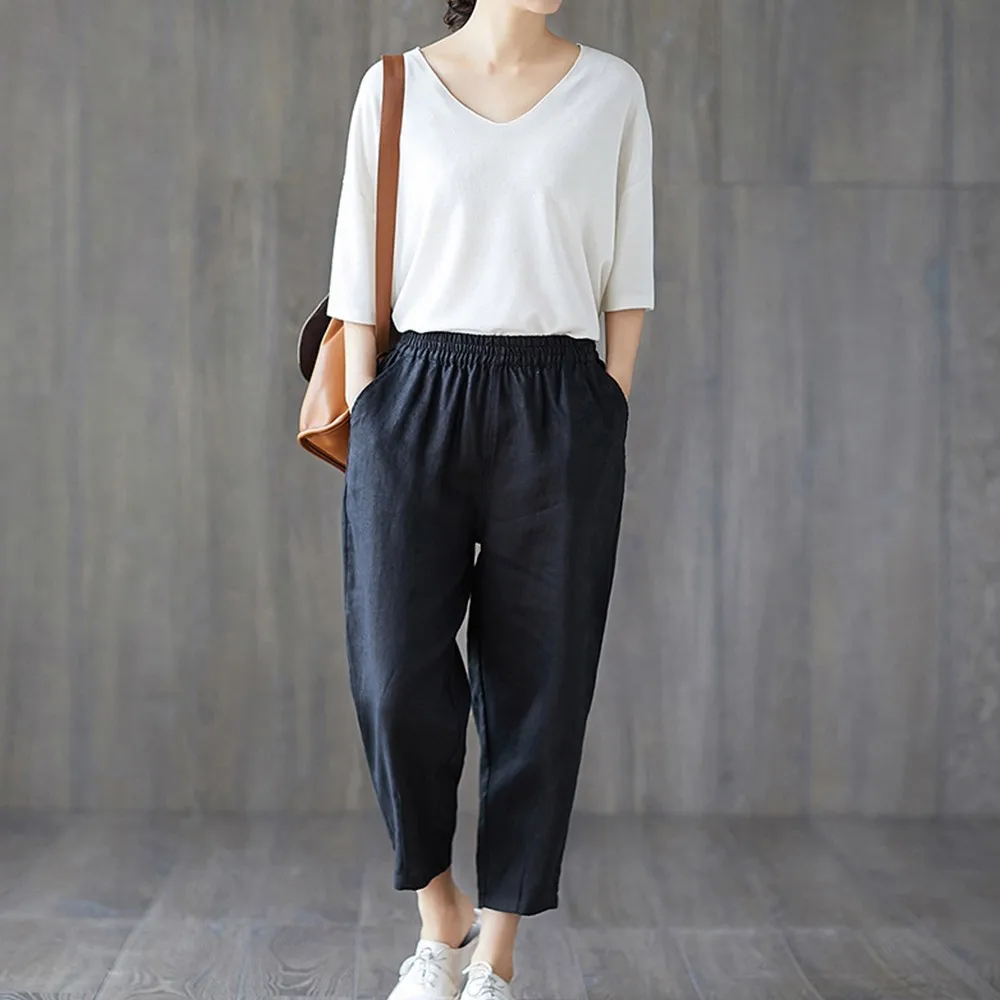 

Women New Spring Summer Calf Length Pants Cotton Linen Harem Pants Candy Colors Loose Casual Trousers Fashion Style 2021