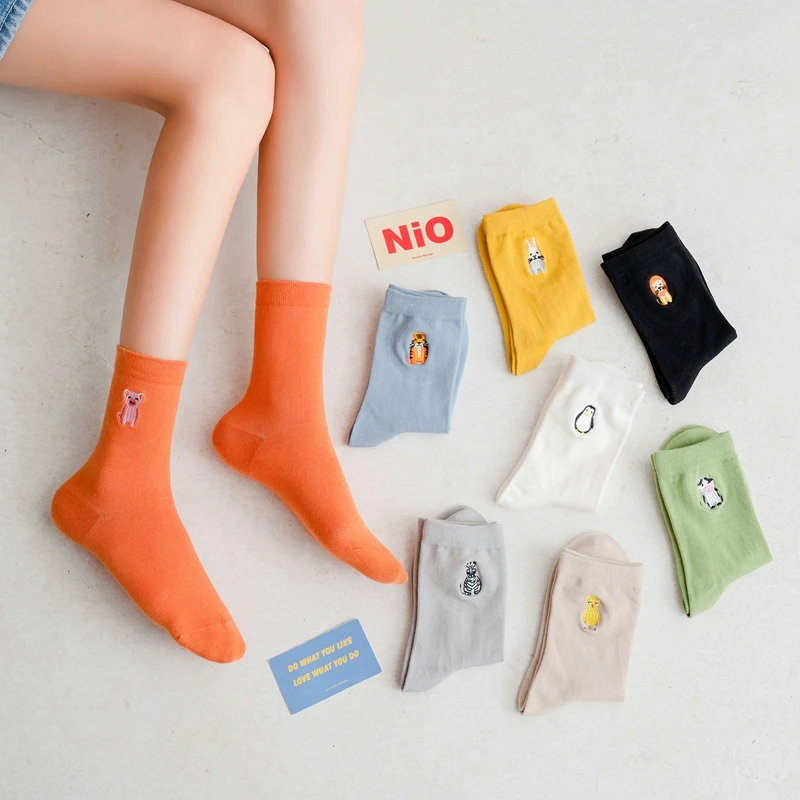 

Kawaii Happy Socks Women Cartoon Animal Print Embroidered Cotton High Quality Fashion Harajuku Funny Socks Flame Dropshipping