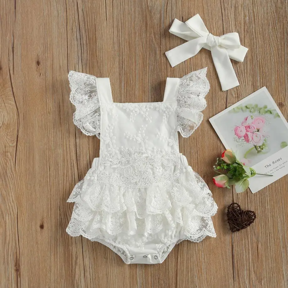 

Baby Girls Summer Outfits Cute Ruffle Sleeve Floral Lace Tutu Romper with Headband Baby Bodysuits