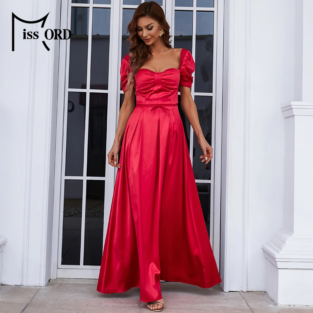

Missord 2021 Summer Women Sexy Dressess Backless Belt Puff Sleeve Ruffles Evening Elegant Vestdios Casual Maxi Dress Red Party