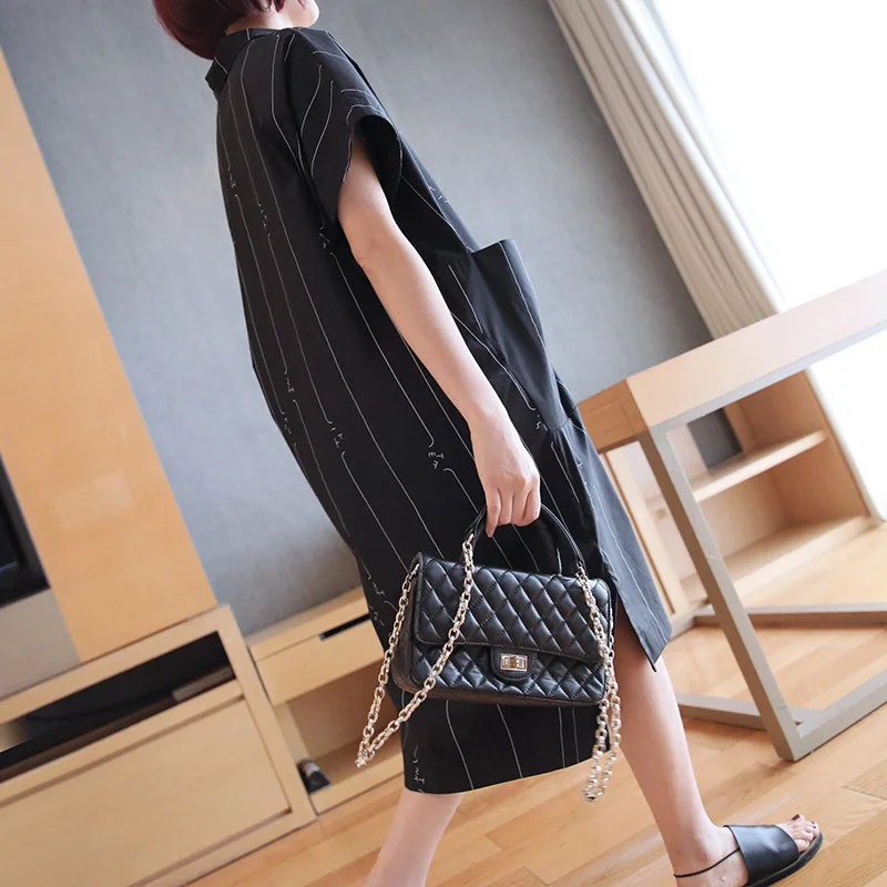 LANMREM Полосатое свободное женское платье с отворотом коротким рукавом и большим