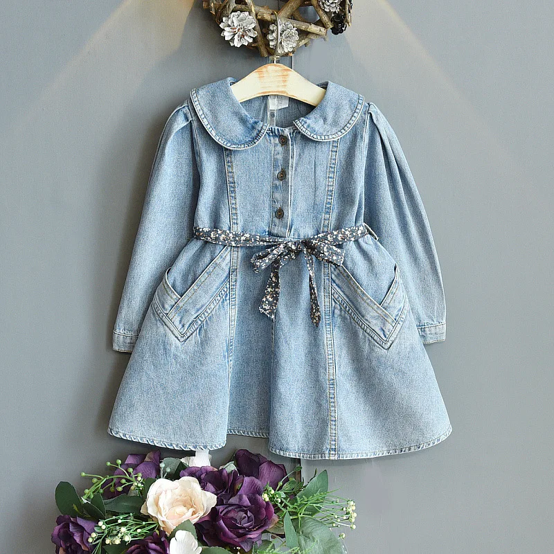 

Girls Denim Dress 2022 Spring Autumn New Long-sleeved Doll Collar Dresses Vestidos Toddler Girl Clothes Girls Fall Clothes 2-6Y