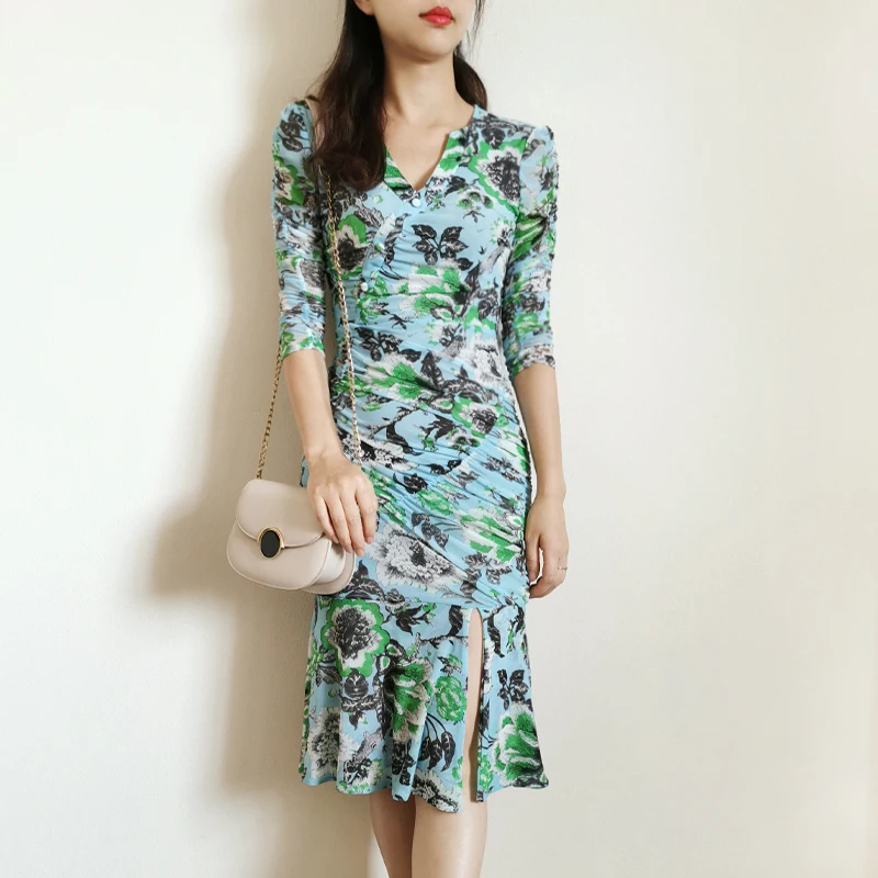 

Great Elastic Blue & Green Floral Print Bodycon Dress Summer New US 2-10