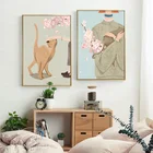 Скандинавские девушки с кошками, холст, картины, плакаты и принты, минималистичное настенное искусство, вишневые цветы, картины для гостиной, спальни