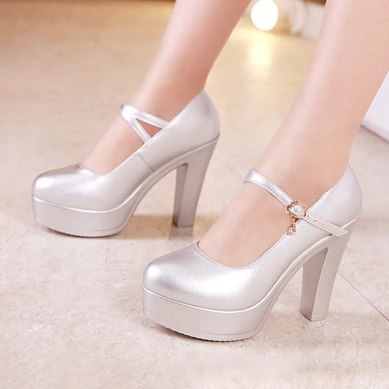 12cm silver Большие размеры 32-43; обувь на платформе с блочным каблуком; женские туфли-лодочки; коллекция года; свадебные туфли белого и серебристого цвета; офисные туфли на среднем каблуке; женская обувь - Цвет: 12cm silver