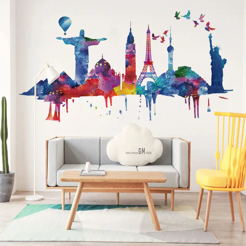 

Nordic Style Wall Stickers Watercolor Architecture Landscape Wall Decals Living Room Bedroom Decor Removable PVC Home Decals