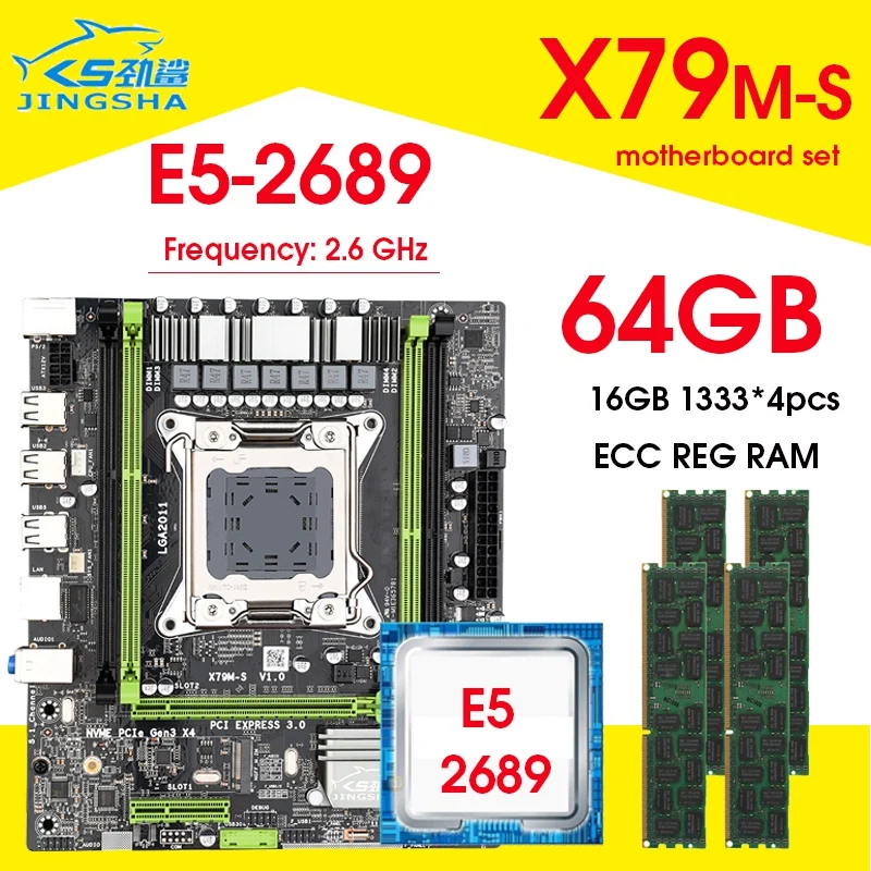 Günstig JINGSHA X79M-S Motherboard LGA2011 E5 2689 2,6 GHz CPU 4 Stücke X 16GB = 64GB DDR3 1333Mhz ECC REG Speicher Set M-ATX Combos M.2 SSD