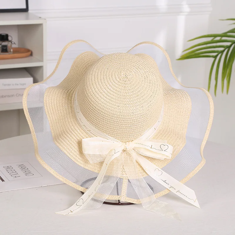 Foldable Big Brim Floppy Girls Straw Hat Sun Hat with Bow Elegant Protection Shade Fashion Women Beach Hat 2021