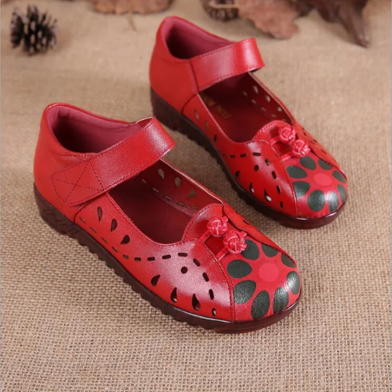 RUSHIMAN 2021 Summer Genuine Leather Breathable Soft Bottom Mother Shoes Retro Handmade Hollow Out Flat Shoes Zapatos Mujer