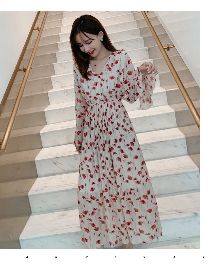 

2020 Spring and Autumn New Women's Korean Style V-neck Slim High Waist Elastic Waist Chiffon Printed Floral Long Sleeve Dress
