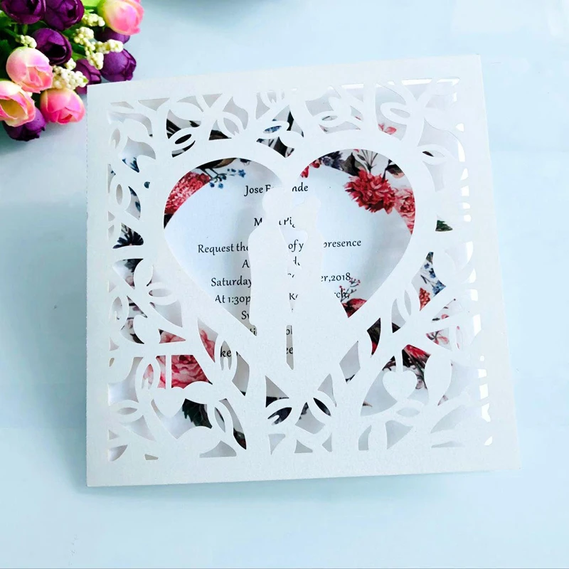 

(50 pieces/lot) Laser Cut Square Ivory Wedding Invitation Card Lovers In Heart Postcard Customized Engagement Invitations IC054
