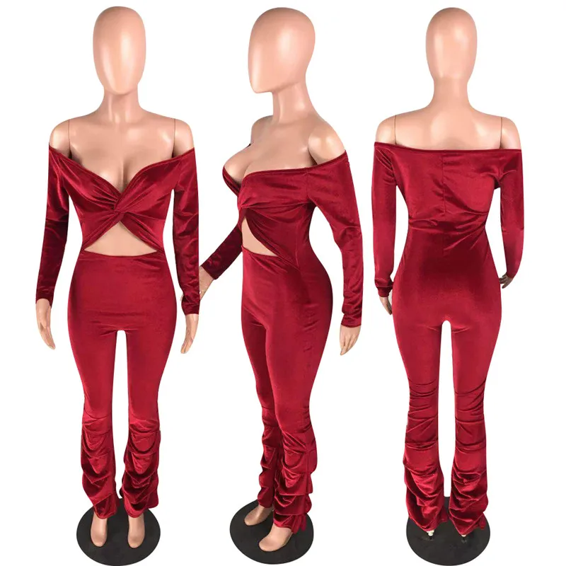 

2020 Fashion Hollow Out Jumpsuit Women Ladies Sexy Long Sleeve Off Shoulder Deep V-neck Pleated Jumpsuit Velvet Rompers Clubwear