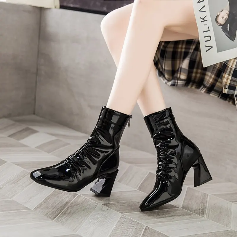 

New Winter Quality Natural Wrinkle Ankle Boots Women Square Toe High Heels Boots Back Zipper Shoes Woman Botas Mujer