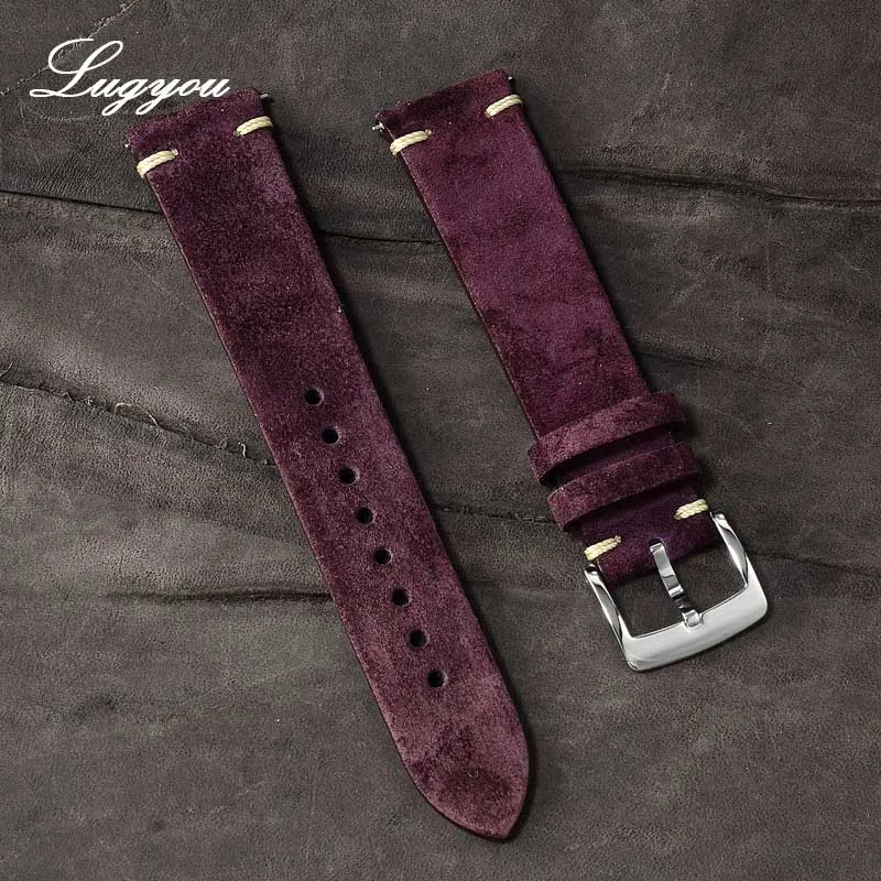 Wine Red Lugyou San ремешок для часов из натуральной кожи для часов с плоскими концами 20 мм Пряжка с язычком из нержавеющей стали быстросъемные пружины - Цвет ремешка: Wine Red