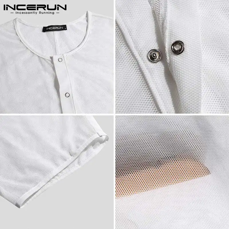 INCERUN Comfortable Homewear New Men Short Sleeve Breathable Mesh Fashion Jumpsuits Singlet Underwear Sleepwear Bodysuits S-5XL