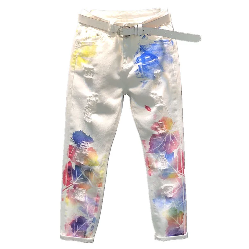 Женские белые джинсовые брюки эластичные джинсы с принтом граффити Осенние