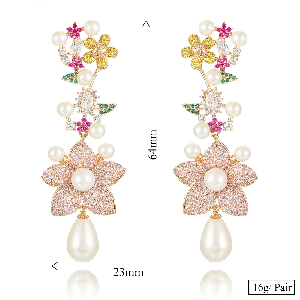 

64mm Luxury Romantic Drop Earring Full Pearls Women Full Mirco CZ Paved Cubic Zircon Bridal Wedding Fashion Jewelry