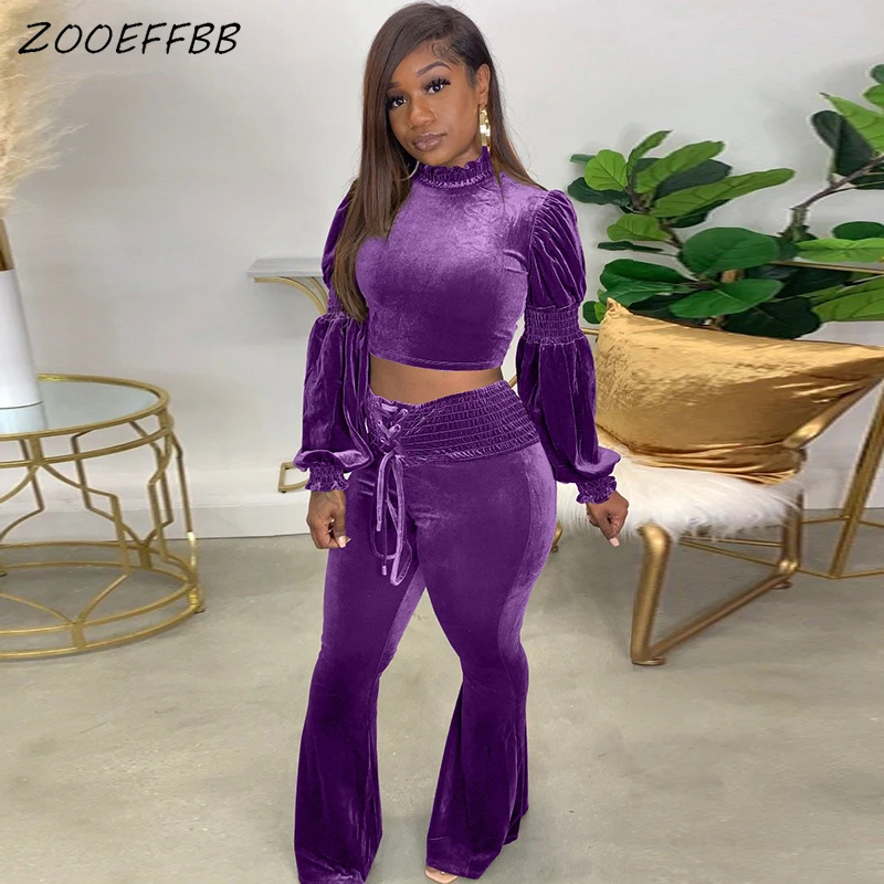 

ZOOEFFBB Sexy Velvet Two Piece Set Turtleneck Crop Top Bandage Flare Pants Fall Winter Outfits for Women Club Wear Matching Sets