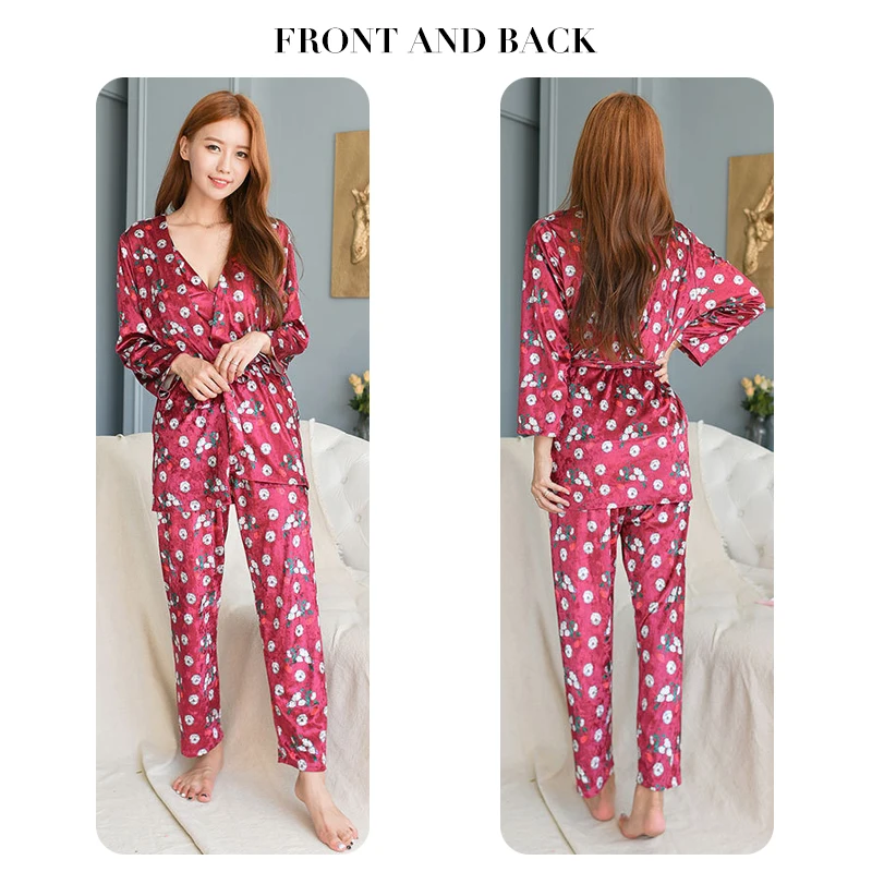 Perfering Nightwear Thermal Winter Warm 3 Pieces Pajamas Set Women Sexy Sleepwear For Sleeveless Strap Long Pant Robe | Женская одежда