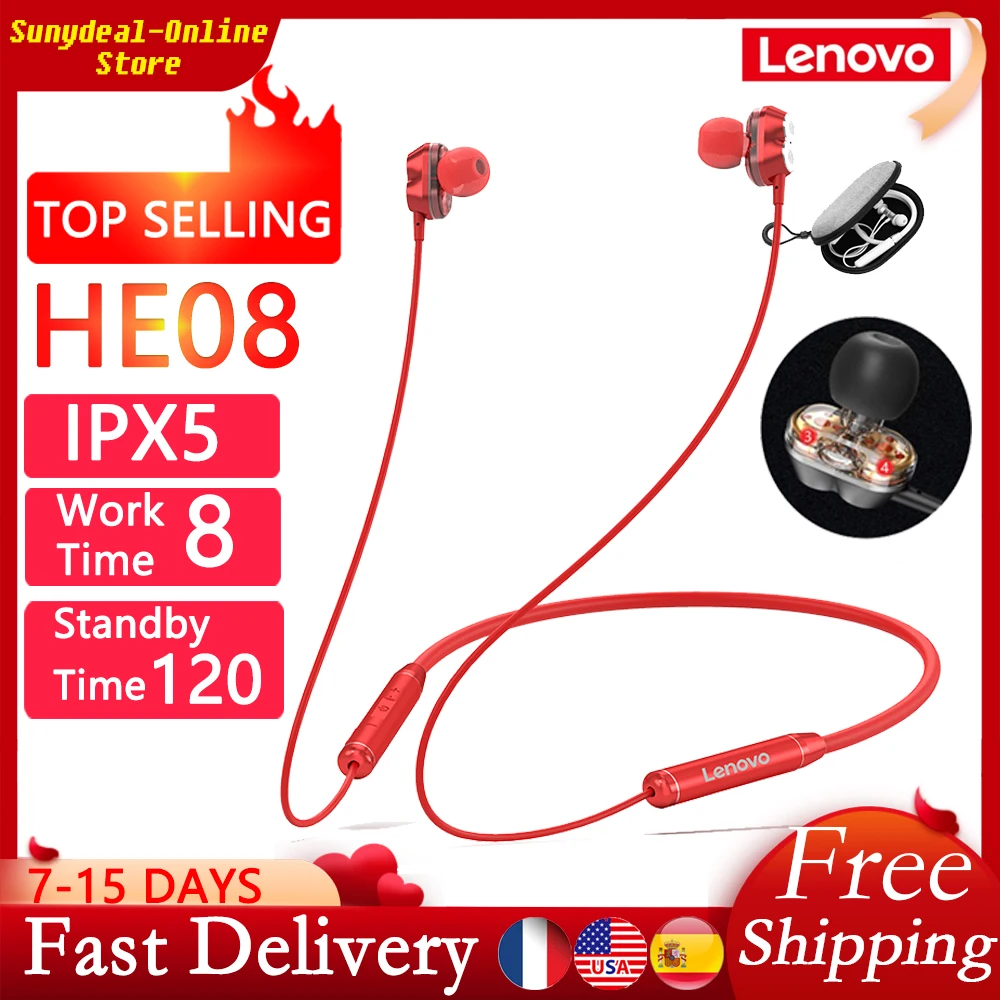 

Беспроводные наушники Lenovo HE08 с шейным ободом, Bluetooth 5,0, металлические Hi-Fi стереонаушники с 4 динамиками, Спортивная Магнитная гарнитура для ...