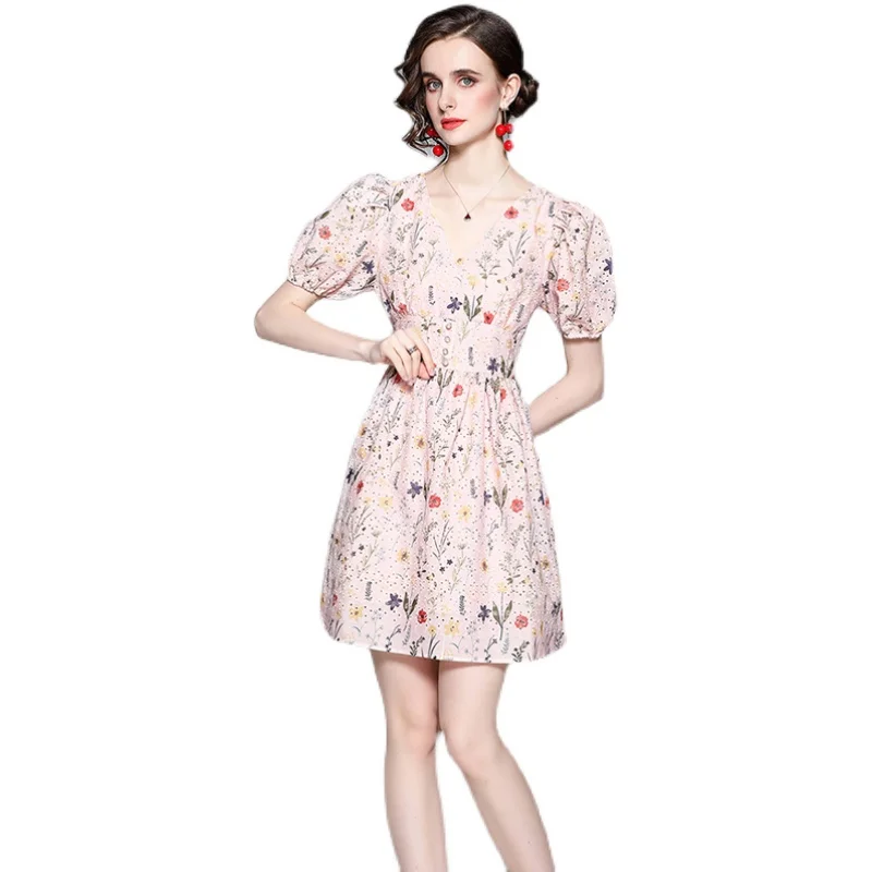 

Women Elegant Floral Pink Hollow Out Cute Sweet Party Short Vestidos Summer Puff Sleeve V-Neck Embroidered Flower Dress 5632