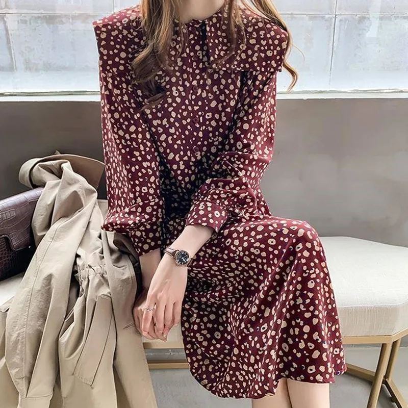 

Милое женское шифоновое платье миди с цветочным принтом и длинным рукавом, Модные осенние повседневные платья до щиколотки