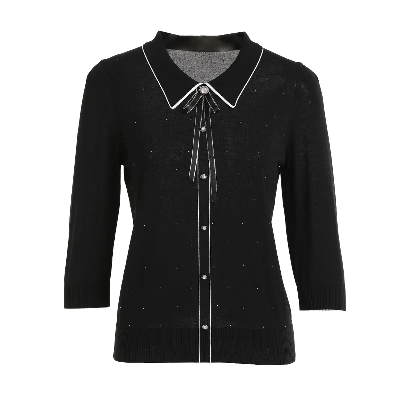 

Gowani Knited Blouse with Contrast Edge Pearl Button Glitter Details Knit Shirt Trending Swearter
