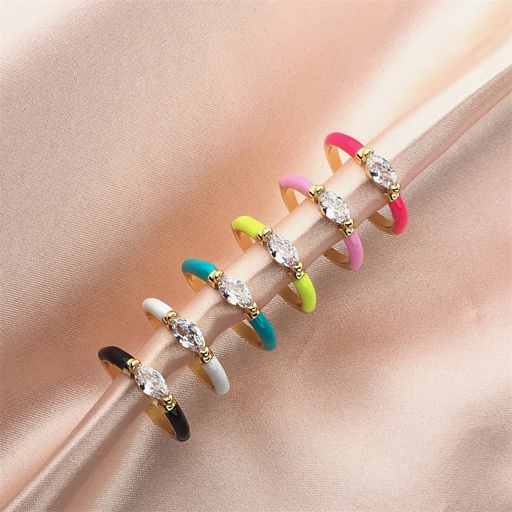 

Enamel Dripping Oil Oval Zircon Ring For Women, Multicolor Adjustable Copper Gold Plated Rings Party Jewelry Gift