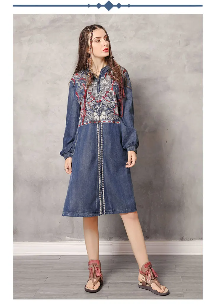 Тренч Yuzi. Мая Boho новые женские джинсовые куртки с капюшоном винтажные длинные пальто на молнии с вышивкой B9286 Casaco Feminino