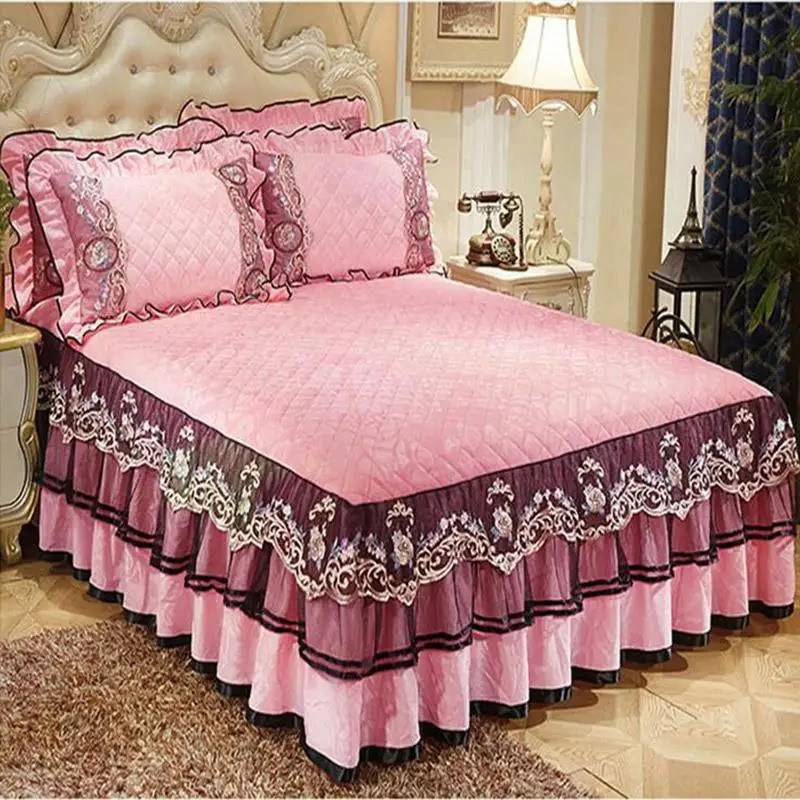 36 3pcs thick lace bedspreads Euro style velvet skirted bed sheet and pillowcases set quality cover | Дом и сад