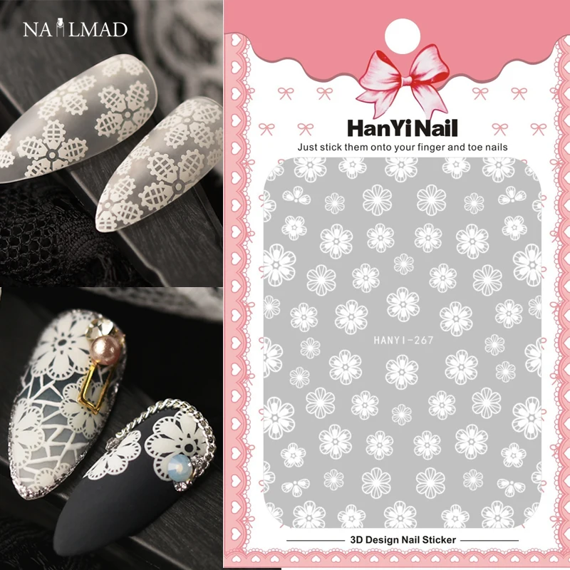

1 sheet White Nail Sticker Fancy Flowers 3D Nail Art Stickers White Lace Adhesive Slider Sticker Manicure Nail Decoretion