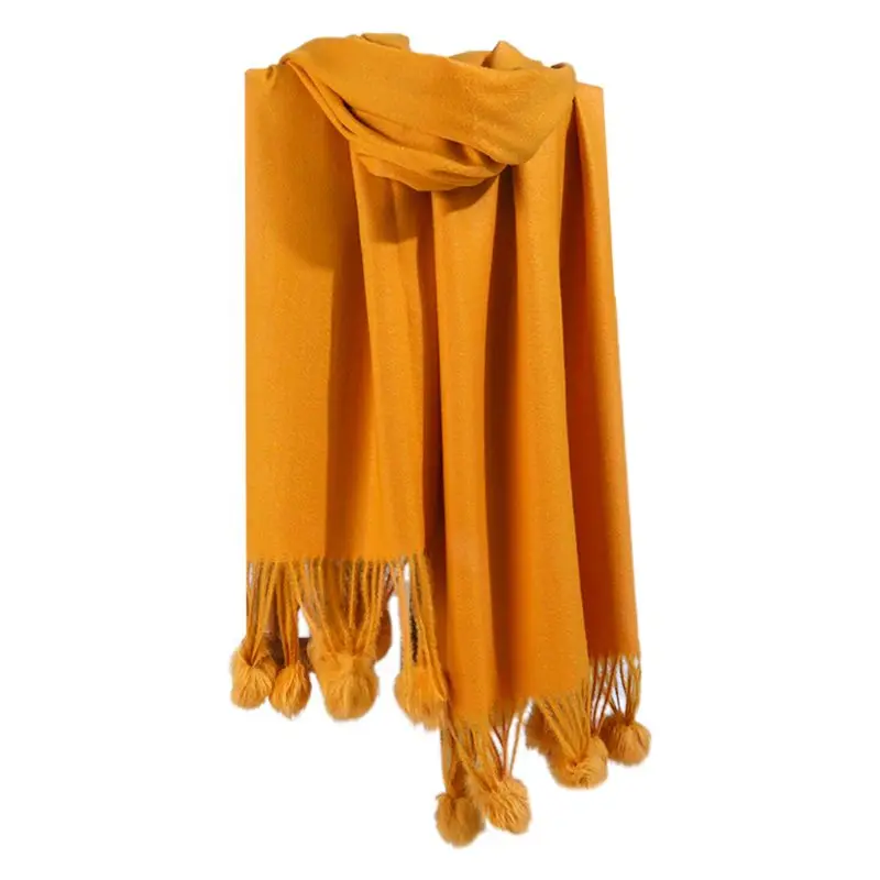 

195x80cm Womens Winter Autumn Long Large Scarf Solid Color Soft Warm Shawl Blanket Wraps with Fluffy Pompom Ball Tassels
