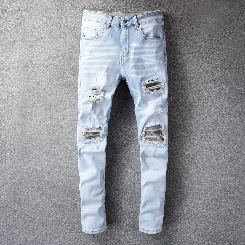 

Street Fashion Men Jeans Retro Light Blue Elastic Slim Fit Ripped Jeans Men Patches Designer Hip Hop Destroyed Denim Punk Pants
