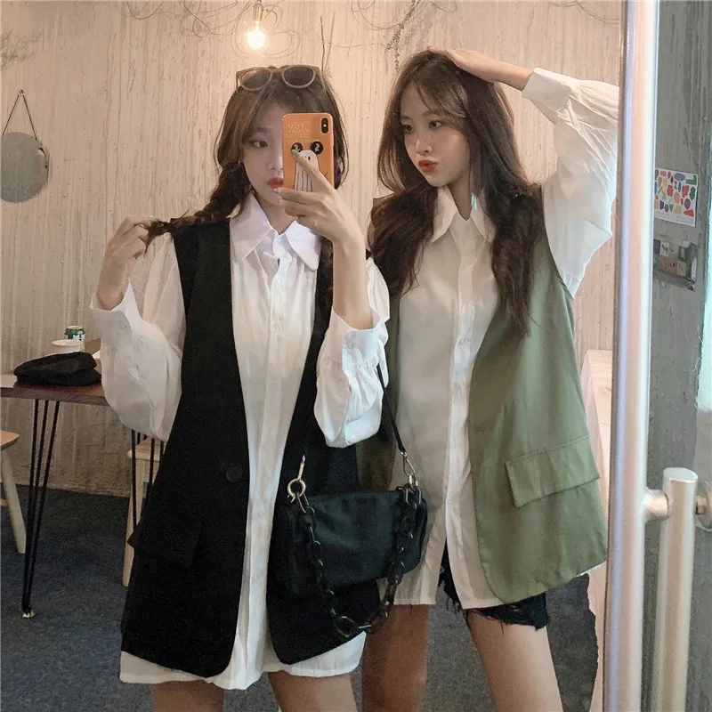 

Autumn 2020 new loose sleeveless suit short coat suit air vest shirt two sets tide woman