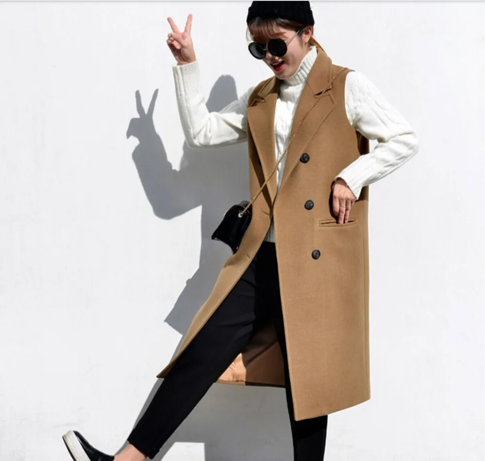 Двубортный зубчатый длинный жилет однотонный Длинный женский хаки с карманами