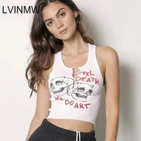 lvinmw square collar trendy letter print with pin buckles tank tops women skull printed casual stretchy sleeveless crop top