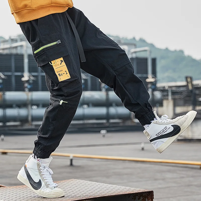 

men's clothing autumn tide brand loose men's casual pants zipper pockets beamed overalls men