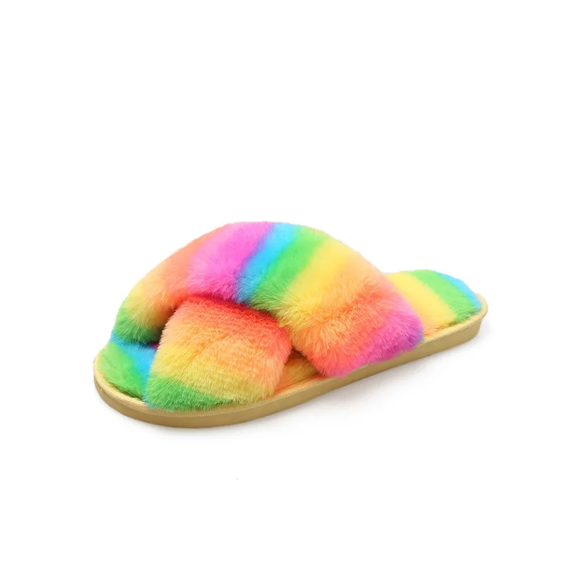 

2021 Winter Slippers Female Colorful Flat Bottom Simple Warm Comfortable Plush Fur Slippers Home Floor Home Cotton Shoes Sides