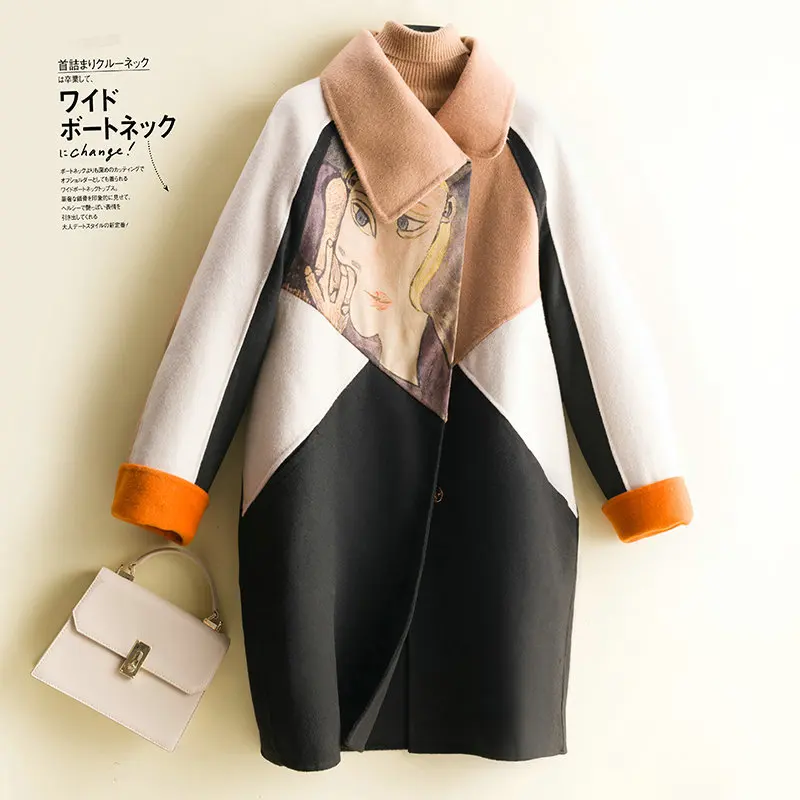 Женское пальто двустороннее кашемировое с принтом модное женское зимнее длинное