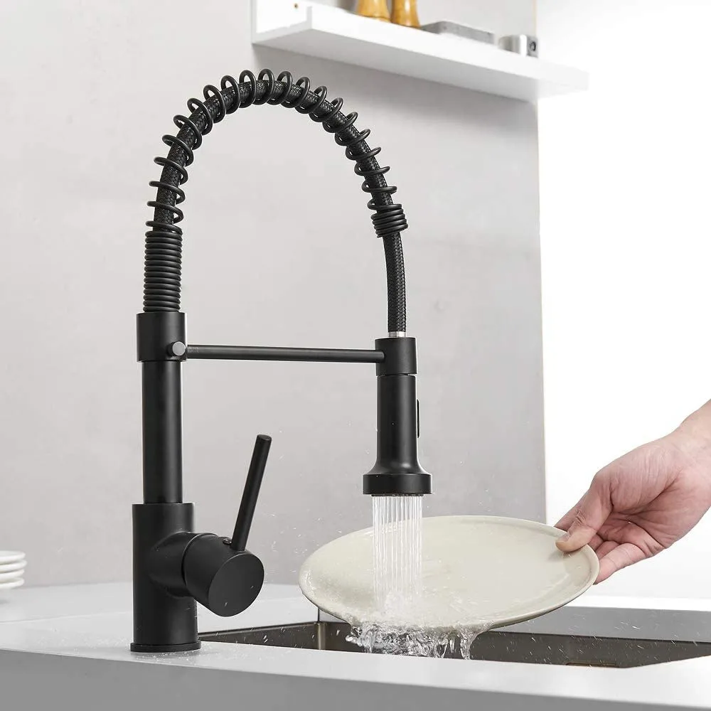

Brass Pull Out 360 Degree Swivel Spring Black Kitchen Faucet Single Handle Hole Hot Cold Mixer Water Tap With 2 Water Intel Pipe
