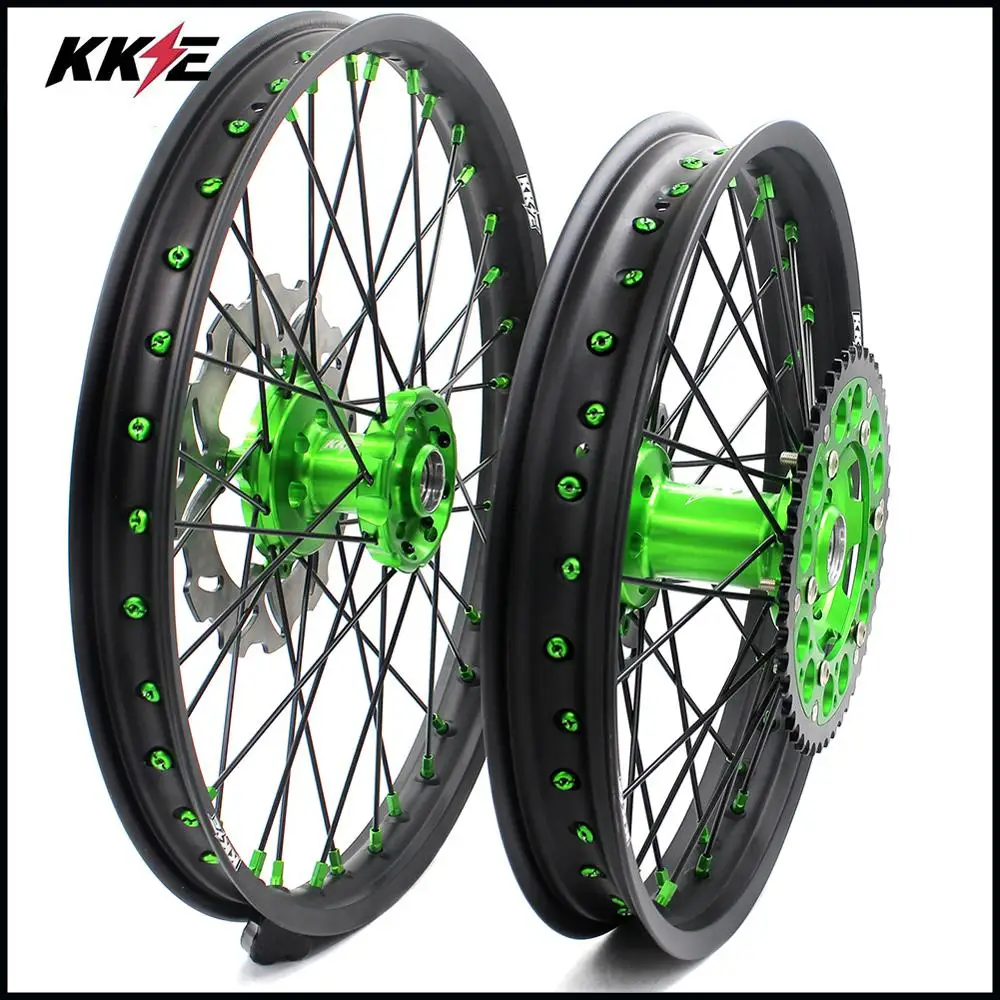Полный комплект колес KKE 21 & 19 MX для Kawasaki KX250F 2019 зеленые соски черные Спицы