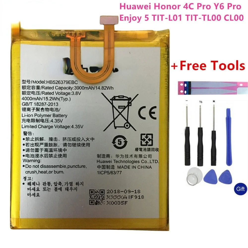 

Оригинальный аккумулятор HB526379EBC для телефона Huawei Y6 Pro Enjoy 5 HONOR 4c pro TIT-L01 TIT-TL00 -CL00 TIT-CL10 4000 мАч аккумуляторные инструменты